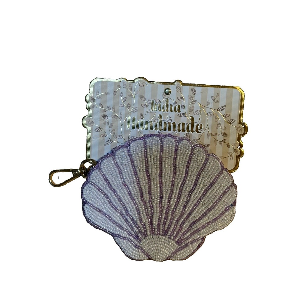 Handcrafted India Beaded Seashell Pouch Lavender‎ Purple Clam Wallet Tassel
